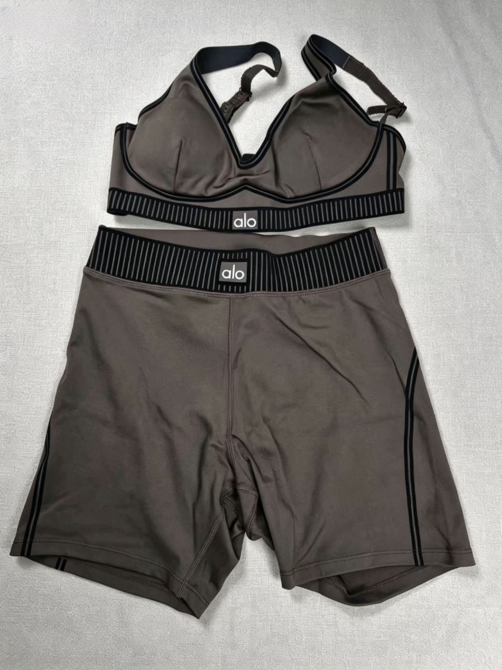 ALO Yoga Taupe Sports Bra & High-Waist Bike Shorts Set